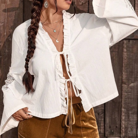 Plus White Floral Lace Insert Ruffle Detail Front Tie Top - Picture 7 of 7